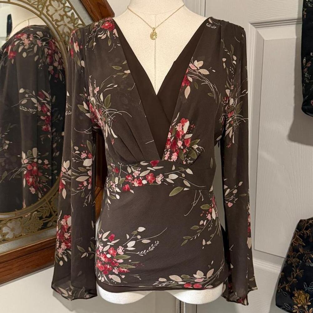 Ann Taylor Loft Dark Brown & Pink Floral Silk Bell Sleeve V Neck Fairycore Top